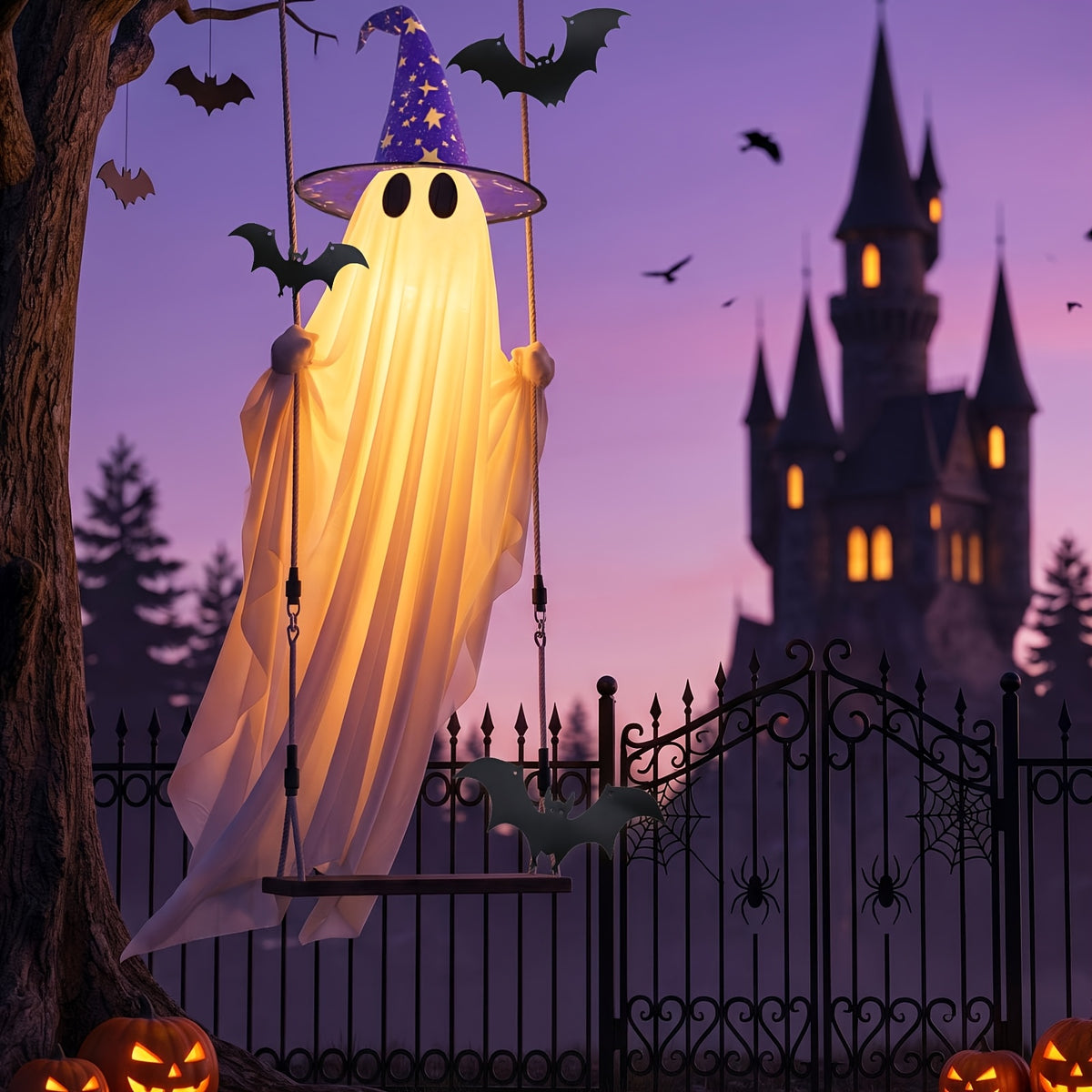 Canvas ghost on a rope swing with witch hats styled as outdoor Halloween yard decor