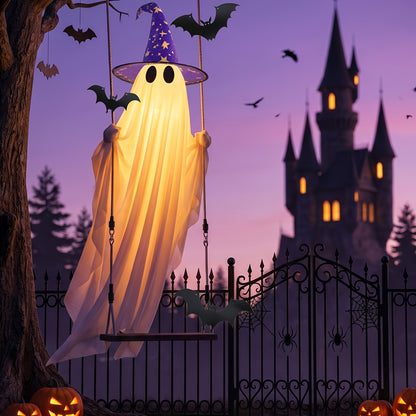 Canvas ghost on a rope swing with witch hats styled as outdoor Halloween yard decor