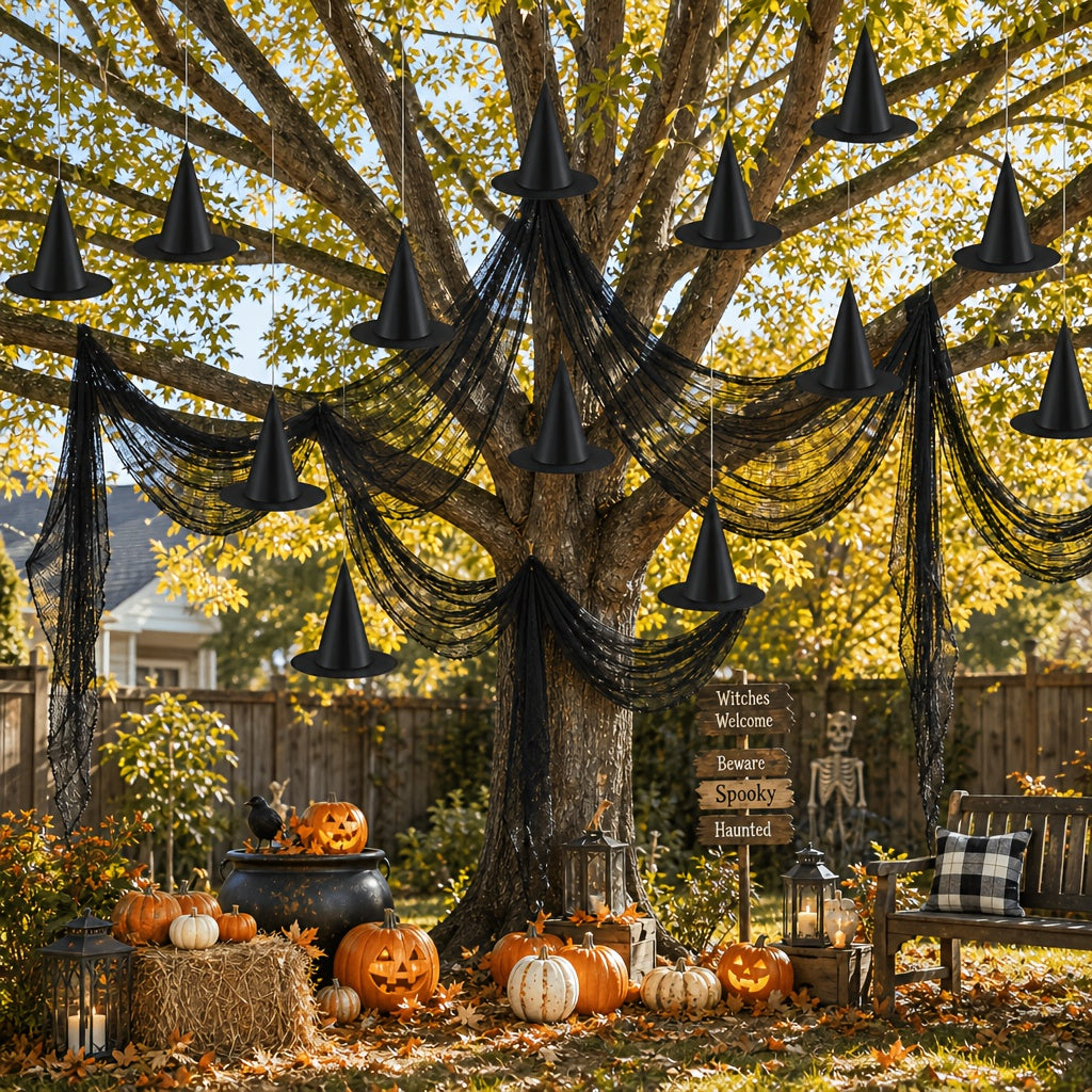 Eighteen piece set of hanging witch hats and creepy cloth panels