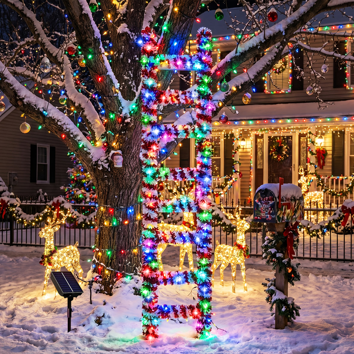 Climbing Santa Ladder, 5 ft Santa Climbing Ladder Decoration, Solar 100 LED Multicolor, Timer