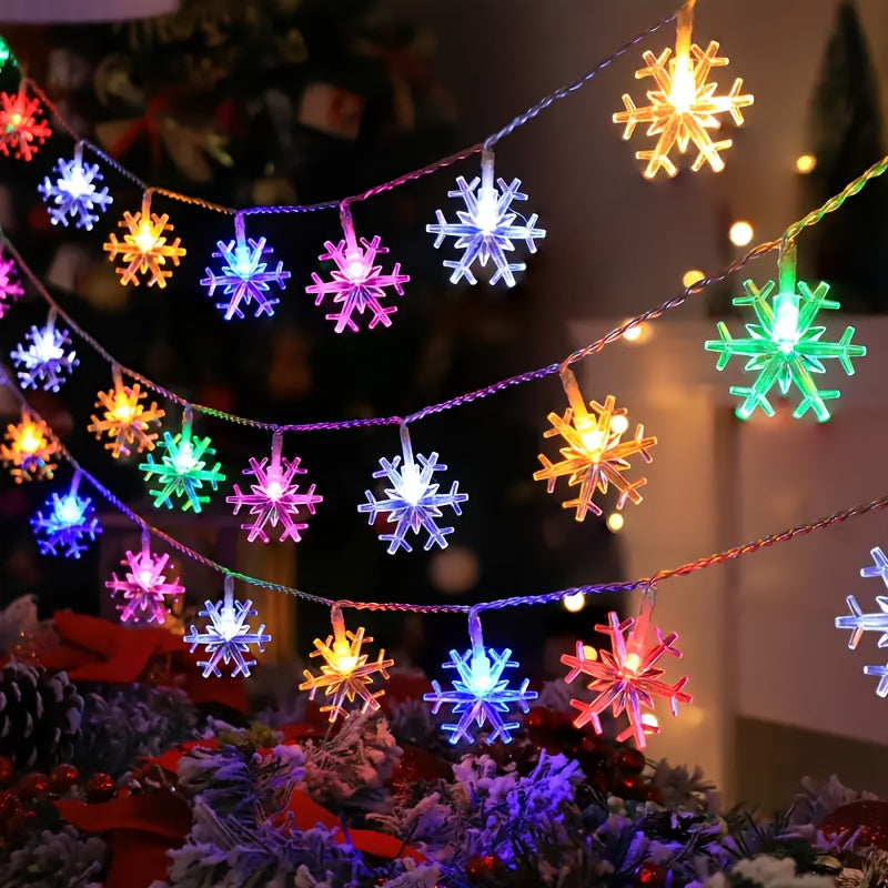Snowflake light string draped along a mantel