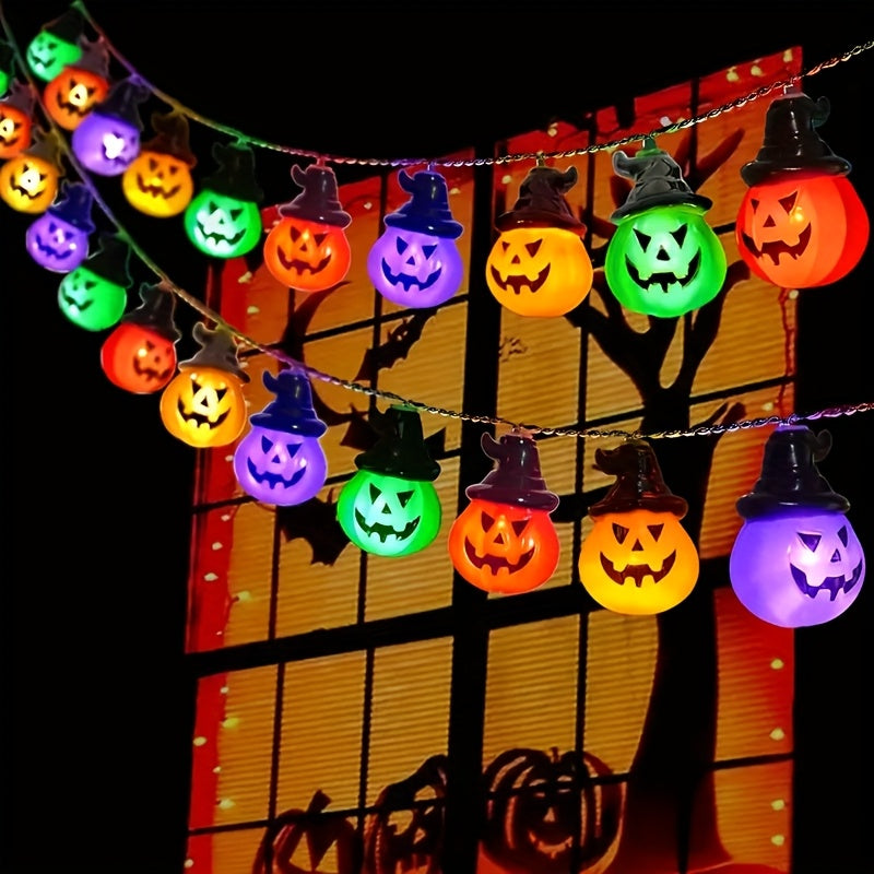 Pumpkin string lights wrapped around a stair banister for Halloween decor