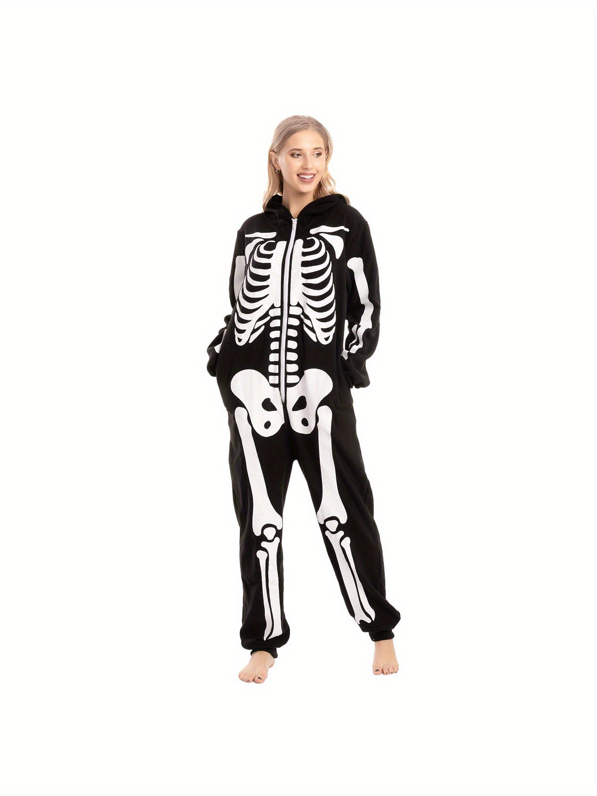 Adult skeleton costume in plush hooded onesie form