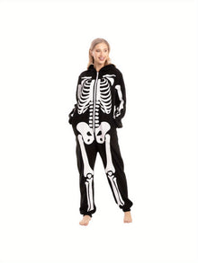 Adult skeleton costume in plush hooded onesie form