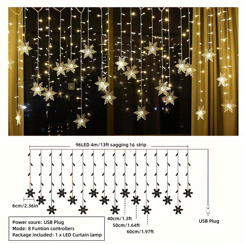 Snowflake string light curtain, close view