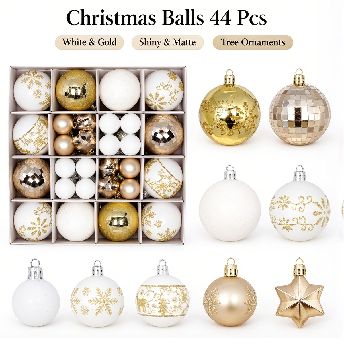 Christmas Tree Decorations, 44 Piece Hanging Ball Ornaments, Plastic Baubles, Xmas Party Decor