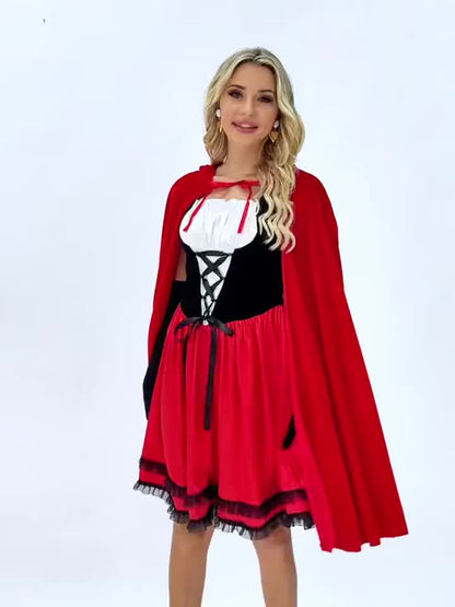 Adult Princess Costume, Halloween Dress and Red Cape 2-Piece Set