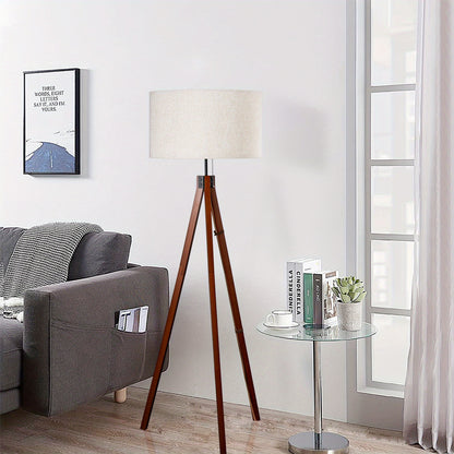 Tripod Floor Lamp with Linen Shade, Chain Switch, Wood Base