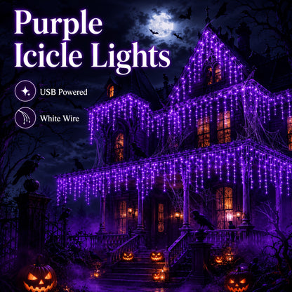 Purple icicle lights glowing at night on roofline