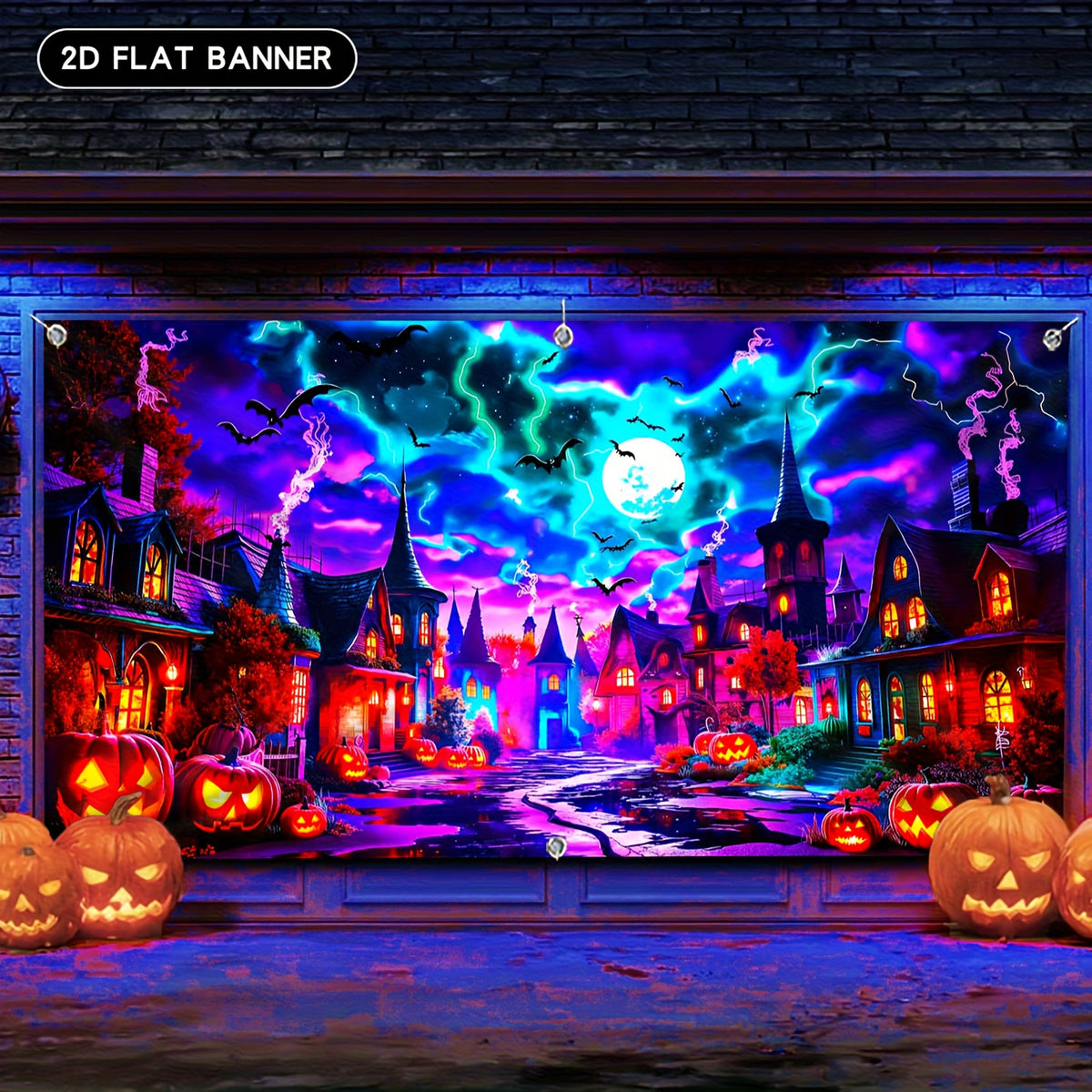 Garage door banner glowing under blacklight at night