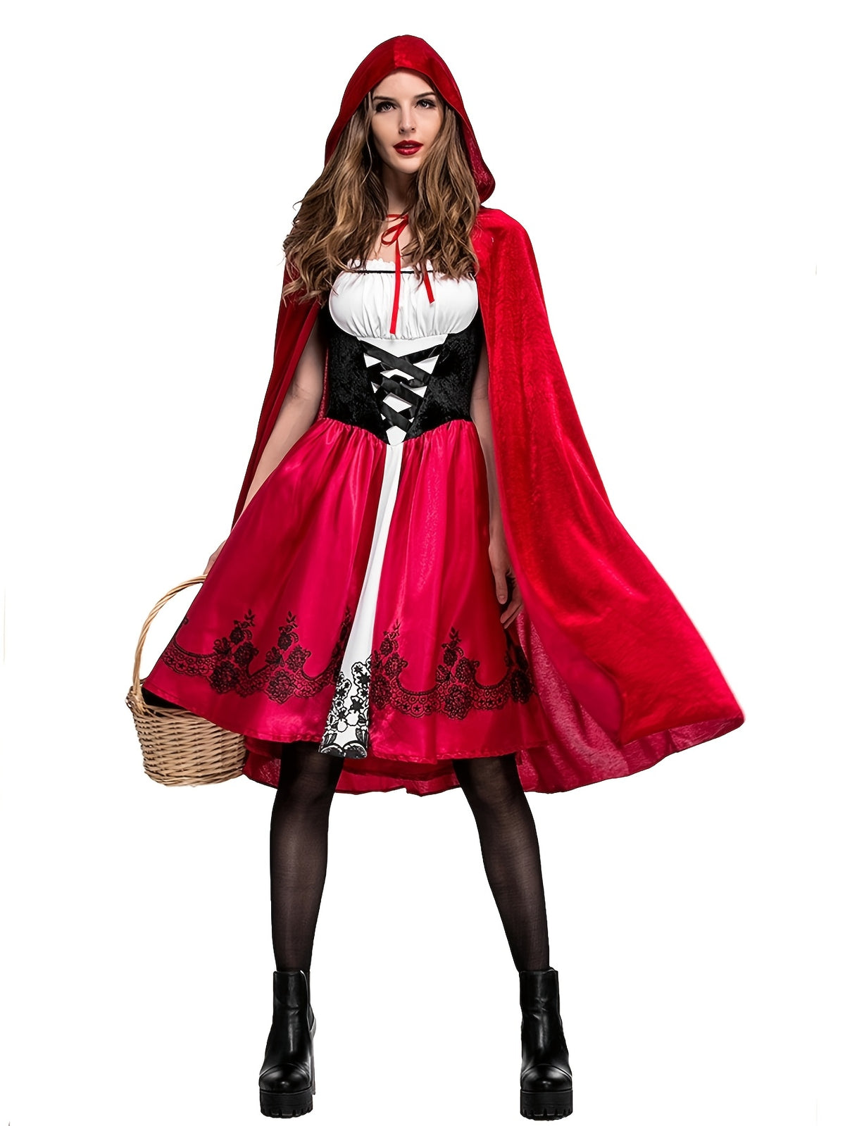Adult princess costume with a floral midi dress and cape