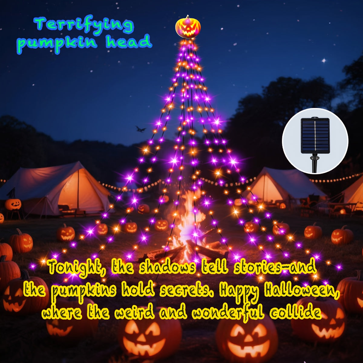 Solar panel detail on pumpkin waterfall string light