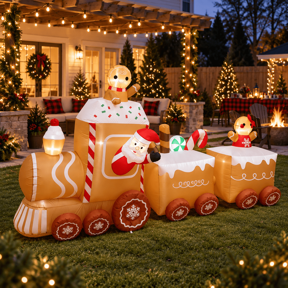 Inflatable Christmas Train, 11 ft Gingerbread Man Outdoor Decoration, Built-In LED Lights