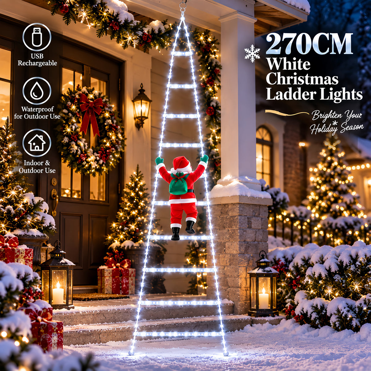 Outdoor Christmas Decorations, Climbing Santa Ladder Lights, 255 LED, Dimmable, USB Charging