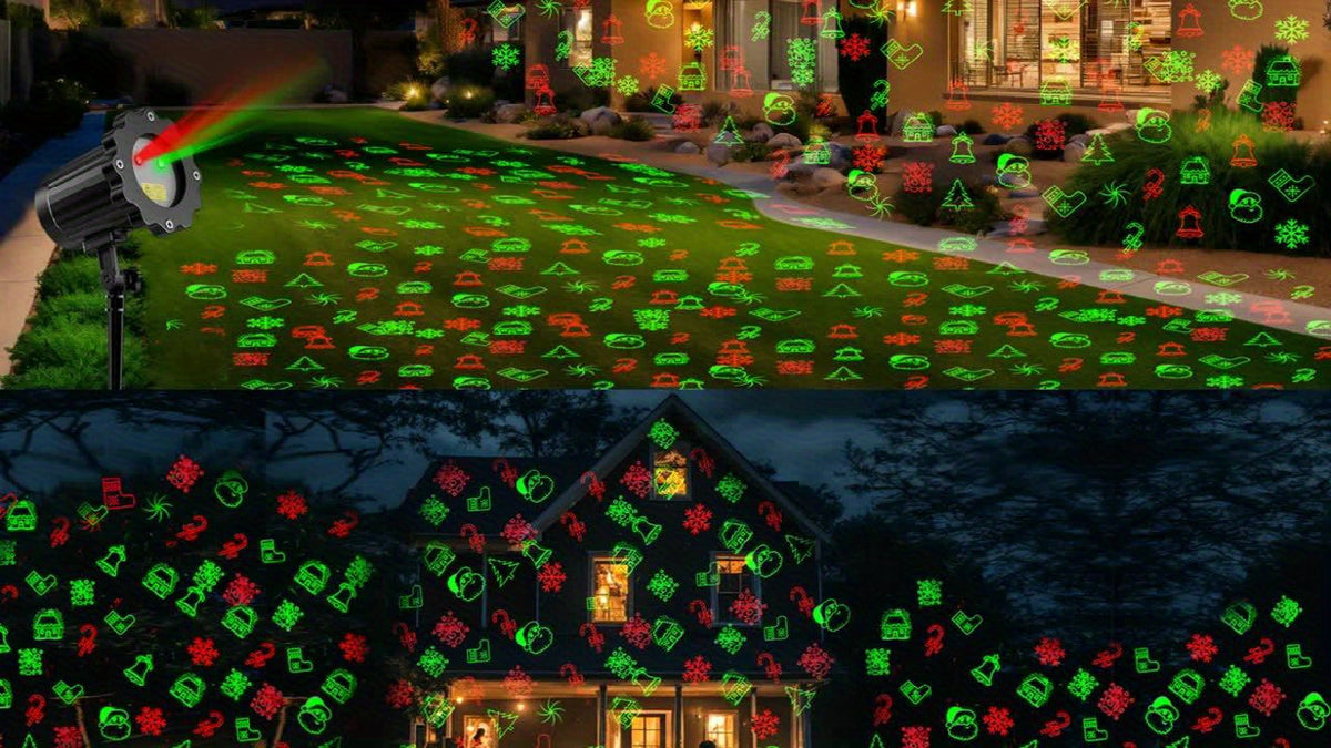 Red and green Christmas projector for a covered patio