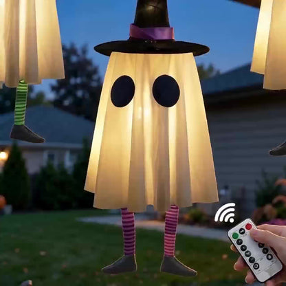 Fabric witch hat hanging decoration that glows from inside, part of a four-hat remote-controlled set