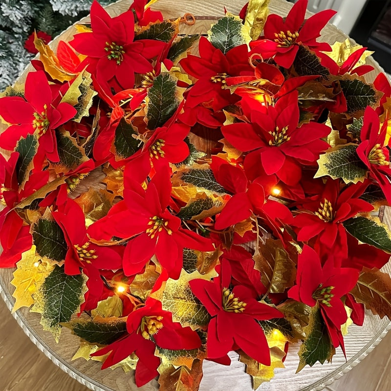 Flower garland unlit, showing the red blooms in daylight