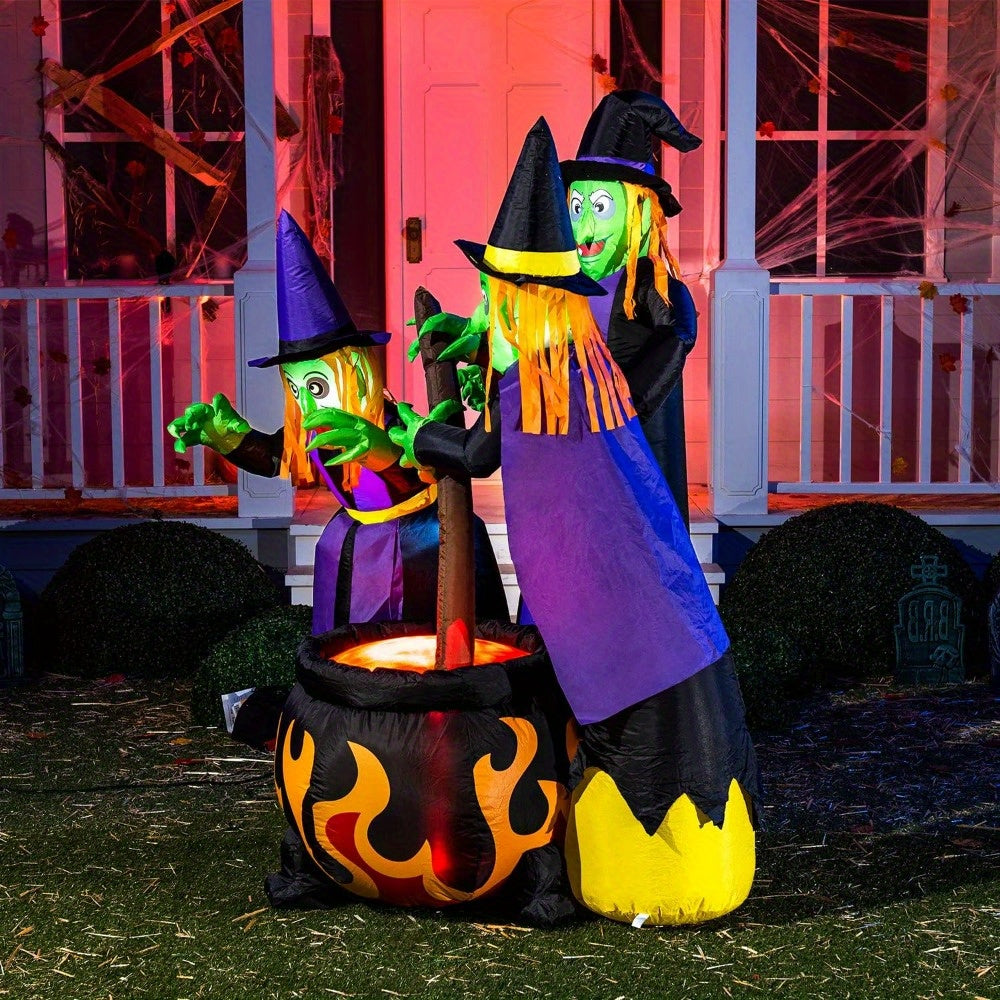 Inflatable witches and cauldron Halloween yard decoration with LED lighting