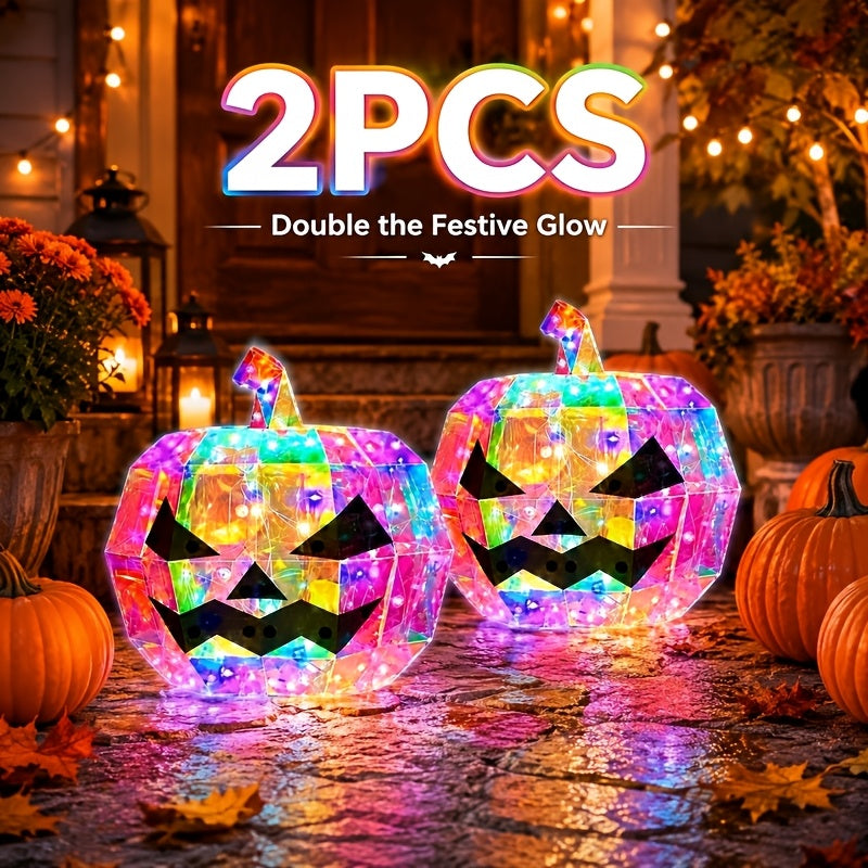 Iridescent pumpkin lantern shown unlit on a table