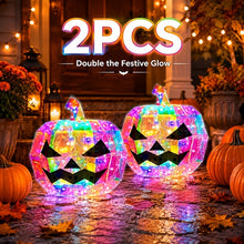Iridescent pumpkin lantern shown unlit on a table