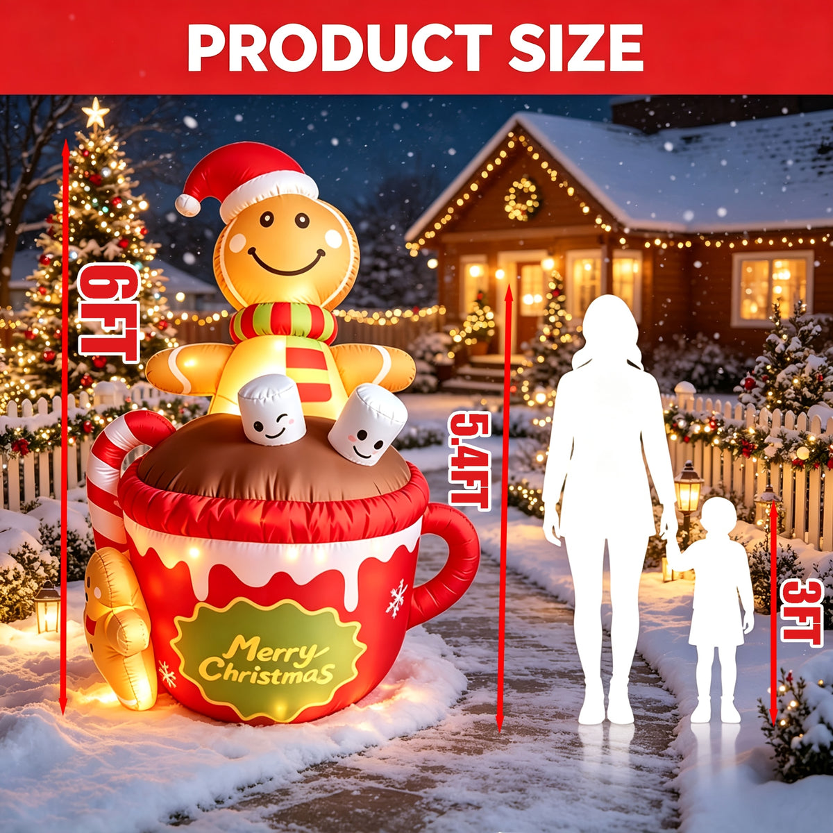 Christmas Yard Inflatable Decorations, 6ft LED Blow Up Gingerbread Man in Hot Chocolate Cup