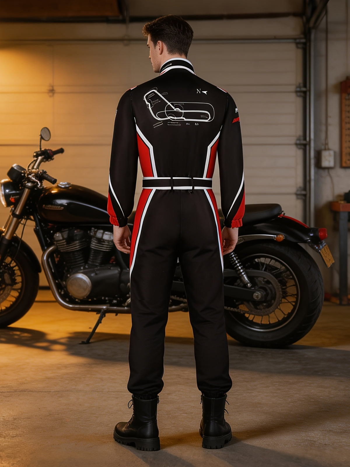 Flame and letter print detail on the racing jumpsuit