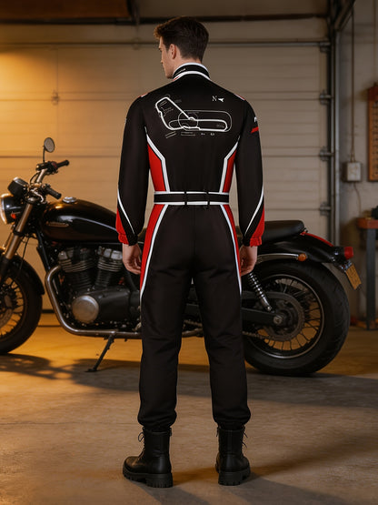 Flame and letter print detail on the racing jumpsuit