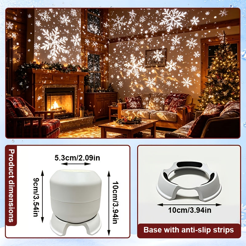 Snowflake projection spread over a wall and ceiling in a dark room