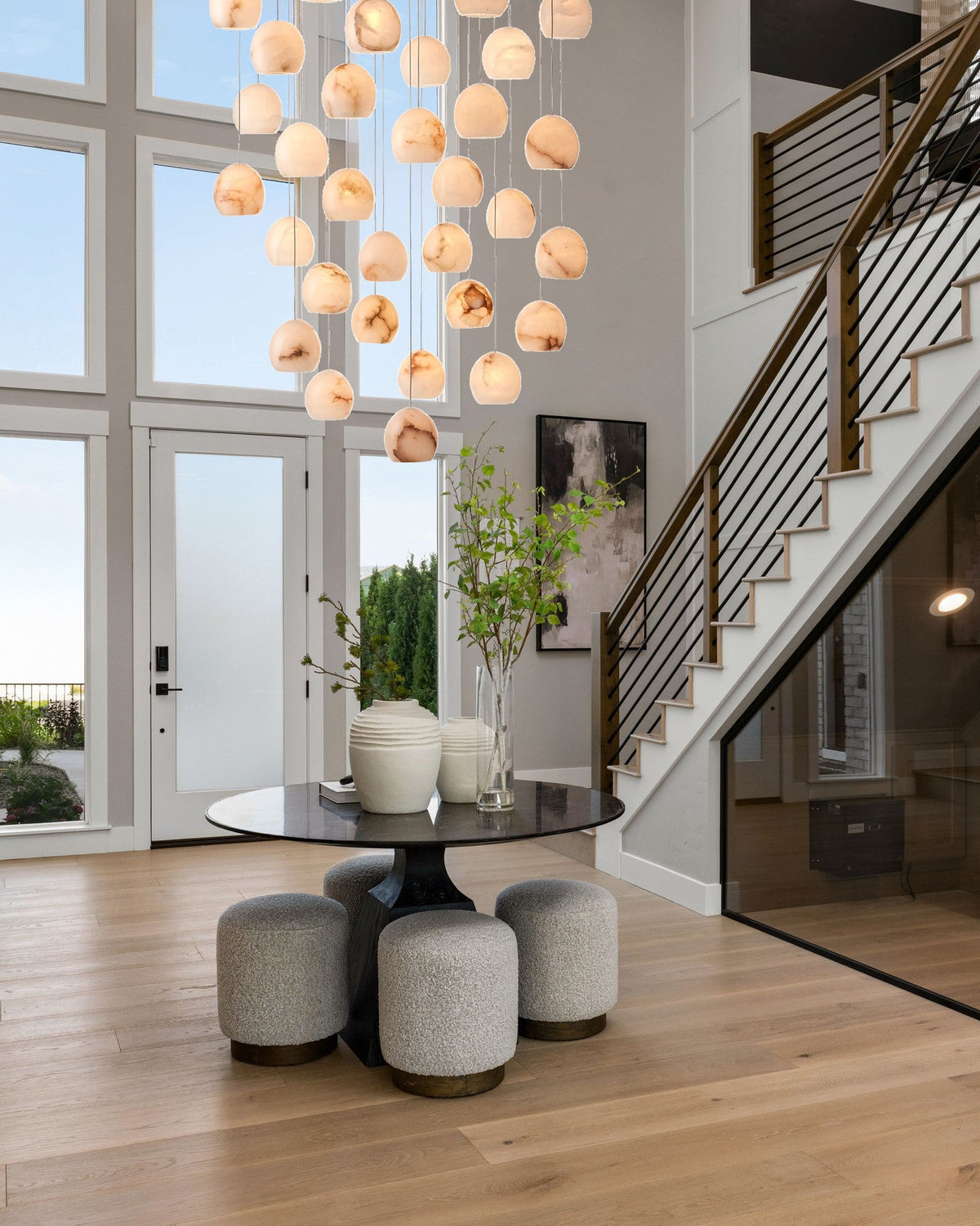 Tavira Chandeliers for Dining Room, Round Alabaster Chandelier, Adjustable Airplane Cable