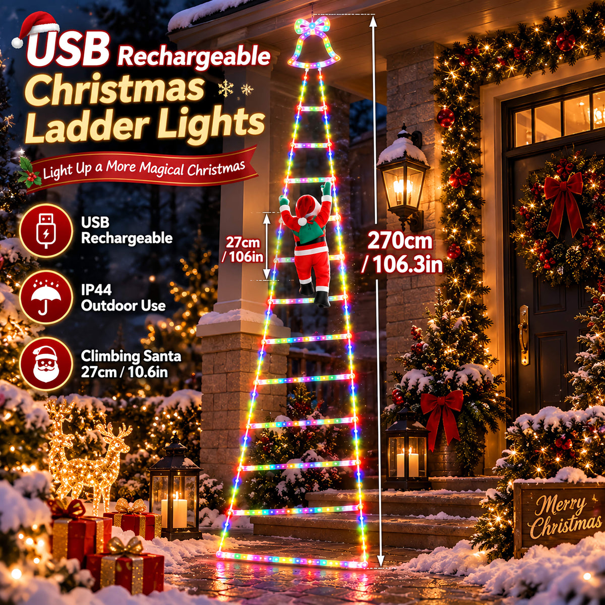 Outdoor Christmas Decorations, Climbing Santa Ladder Lights, 255 LED, Dimmable, USB Charging