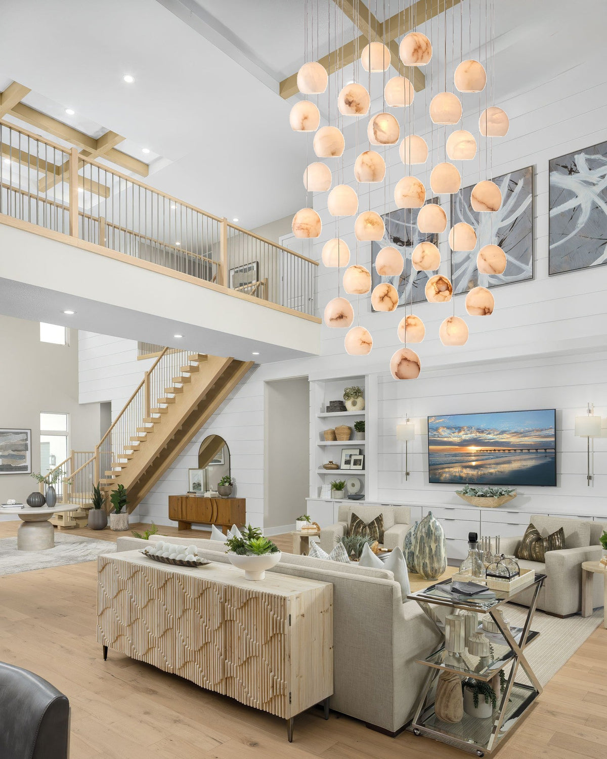Tavira Chandeliers for Dining Room, Round Alabaster Chandelier, Adjustable Airplane Cable