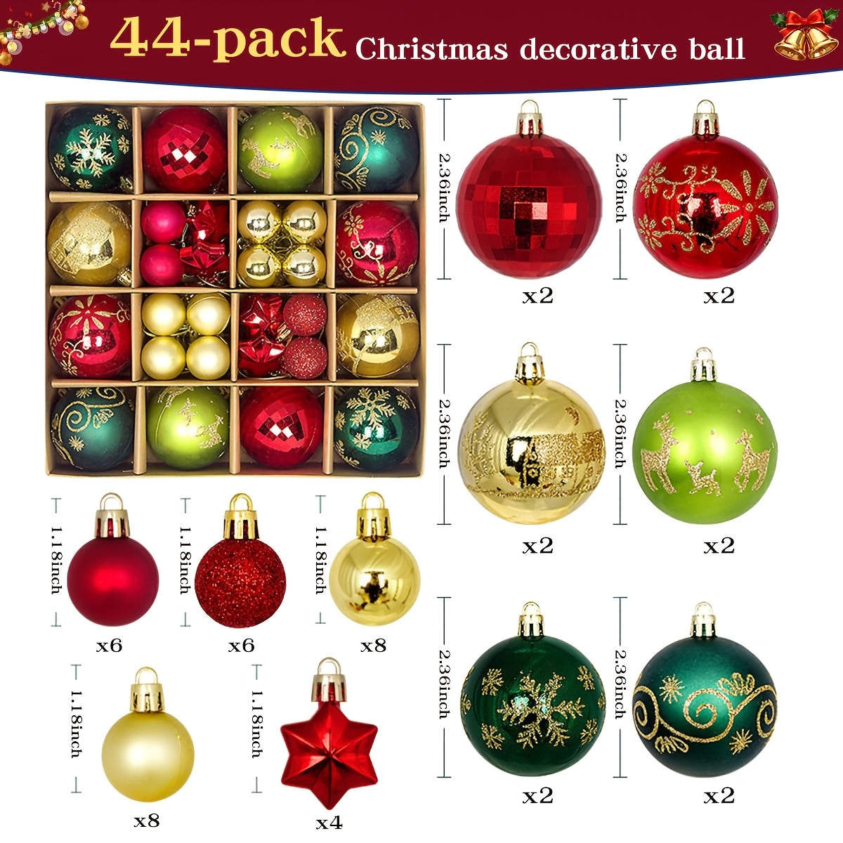Christmas Tree Decorations, 44 Piece Hanging Ball Ornaments, Plastic Baubles, Xmas Party Decor
