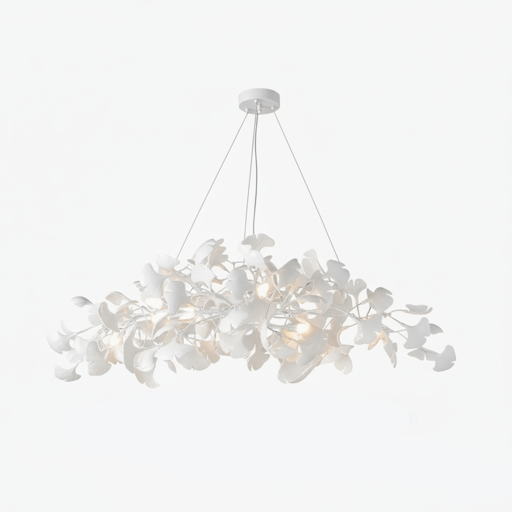 Sorin Modern Gold Chandelier, Ginkgo Leaf LED, Dimmable, White Leaves, Dining Room