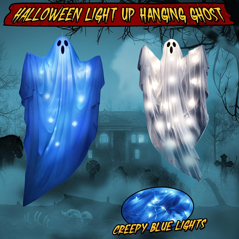Hanging ghost decoration close-up of fabric and LED detail