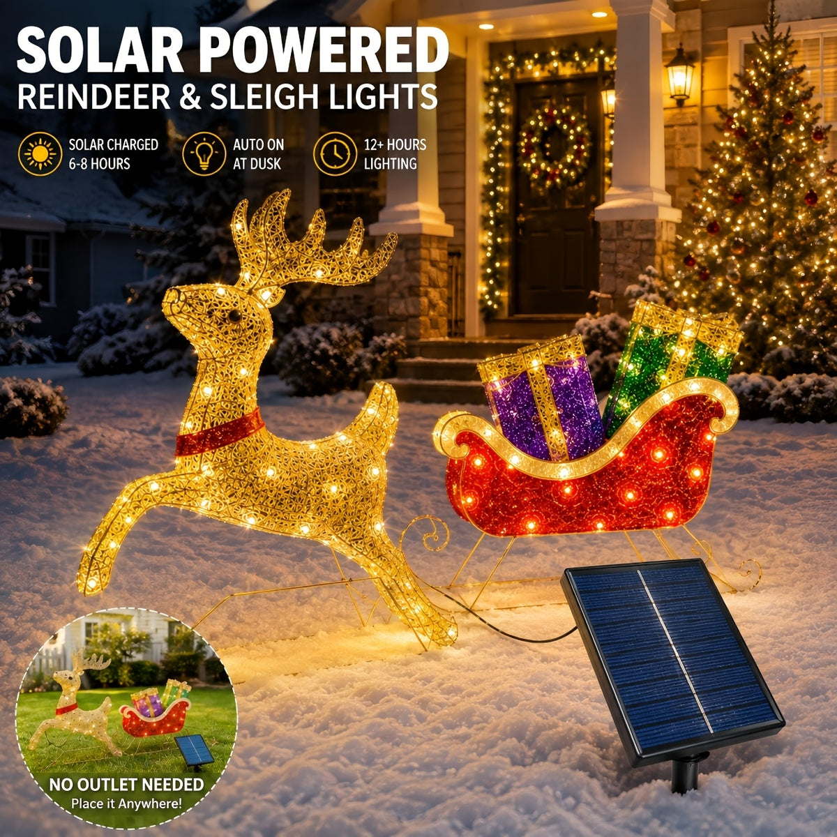 Lighted Sleigh and Reindeer Christmas Decoration, Warm White LED, Solar & USB, Outdoor Decor
