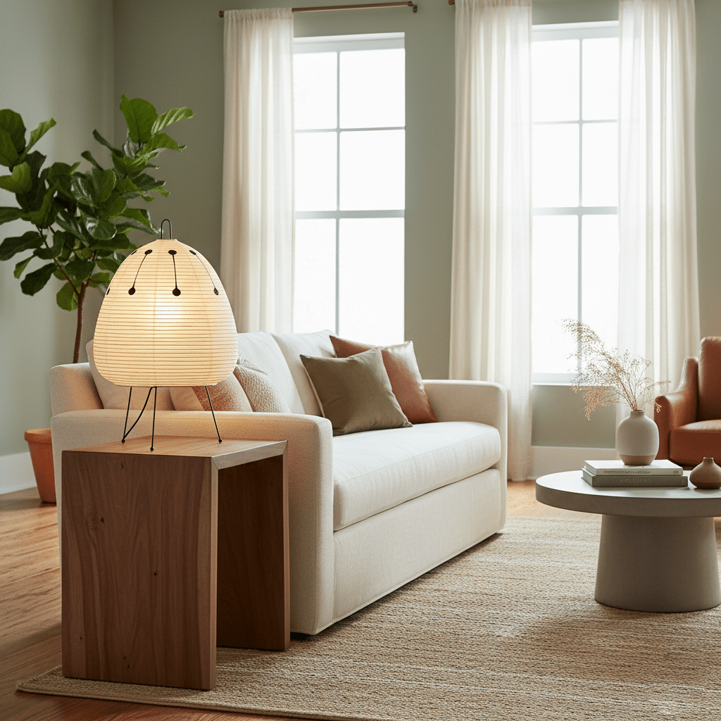 Rice paper lantern table lamp in a living room setting