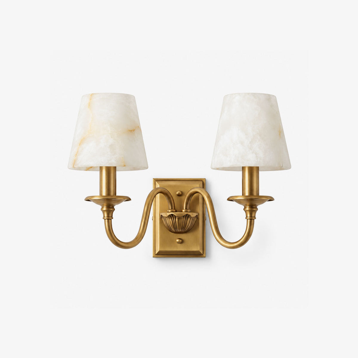 Tavira Wall Sconces, Alabaster Double Arm Sconce Wall Light, Swan Arm, Brass, Nickel or Black