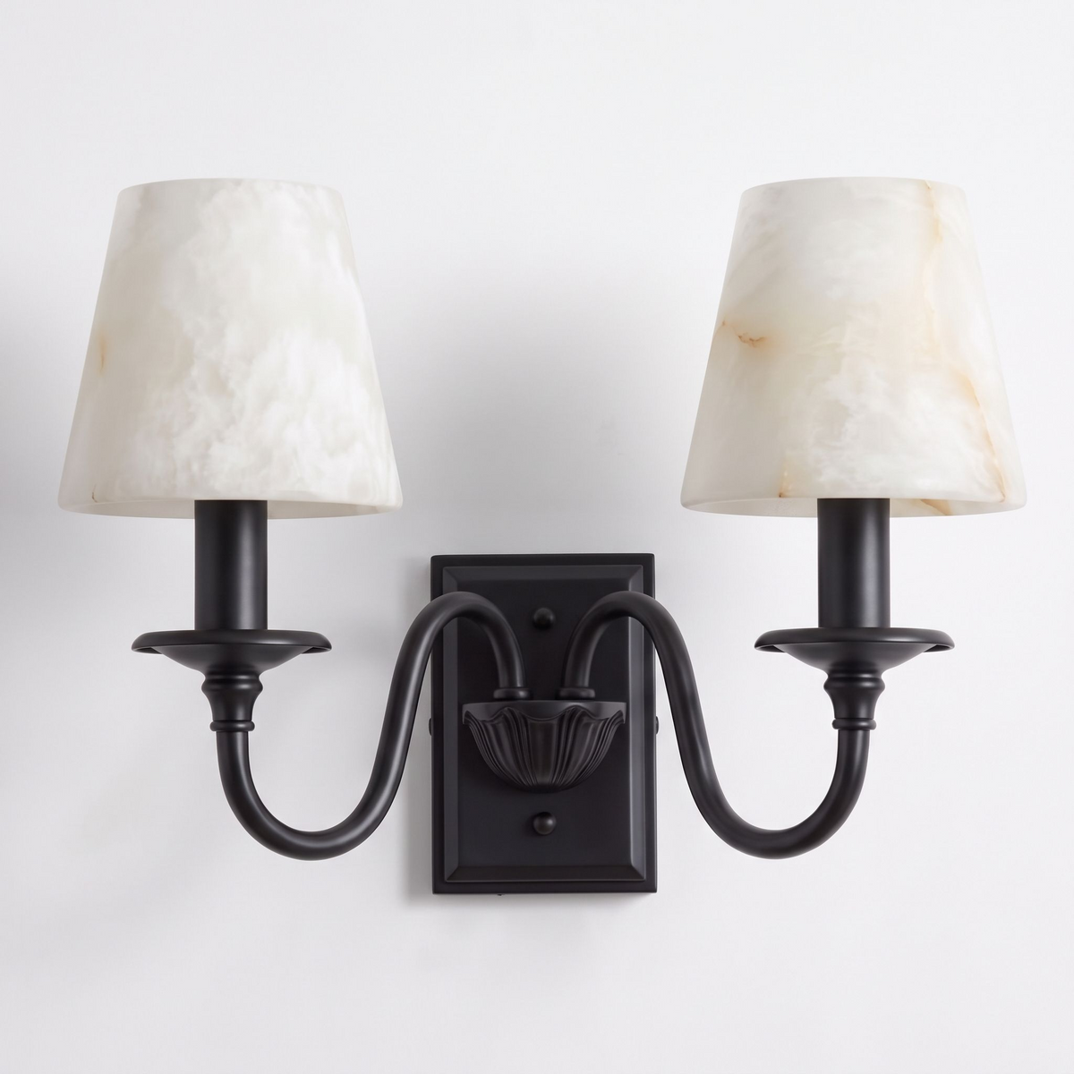 Tavira Wall Sconces, Alabaster Double Arm Sconce Wall Light, Swan Arm, Brass, Nickel or Black