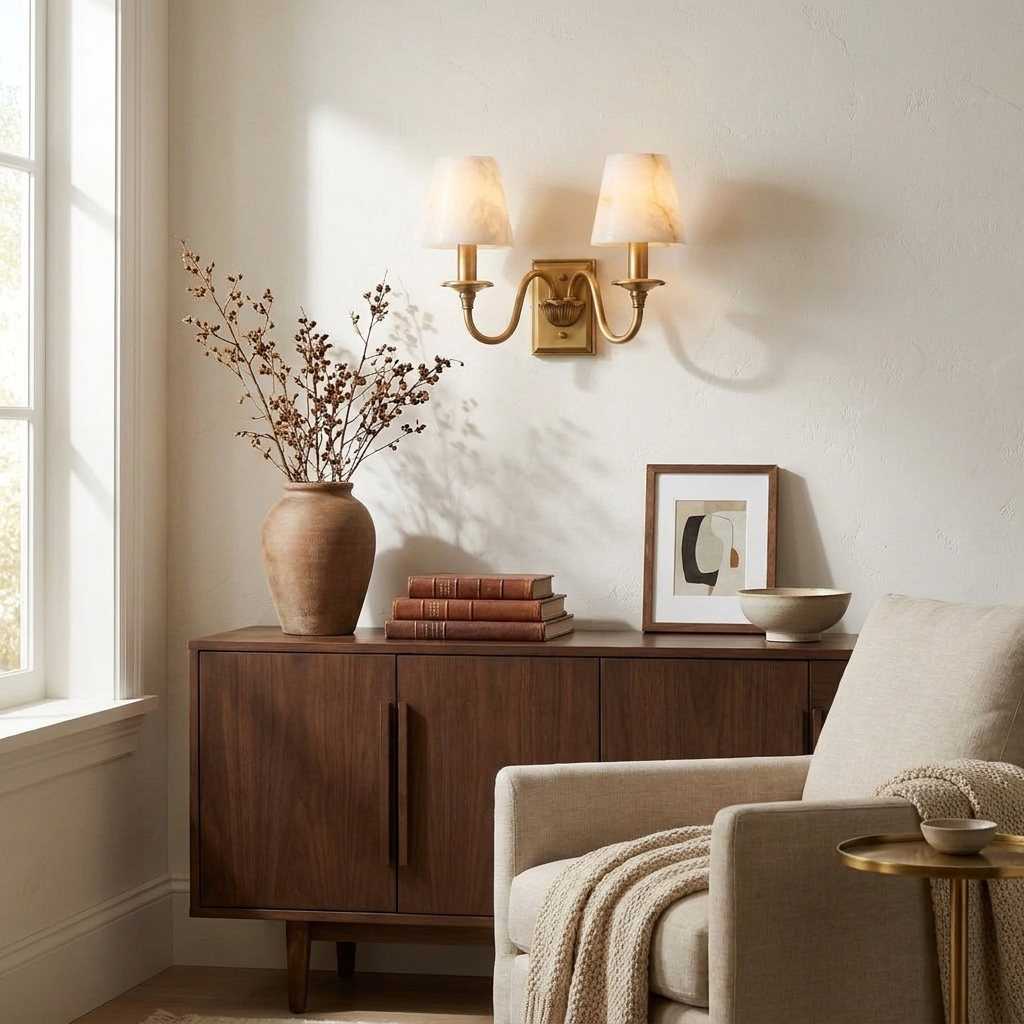 Tavira Wall Sconces, Alabaster Double Arm Sconce Wall Light, Swan Arm, Brass, Nickel or Black