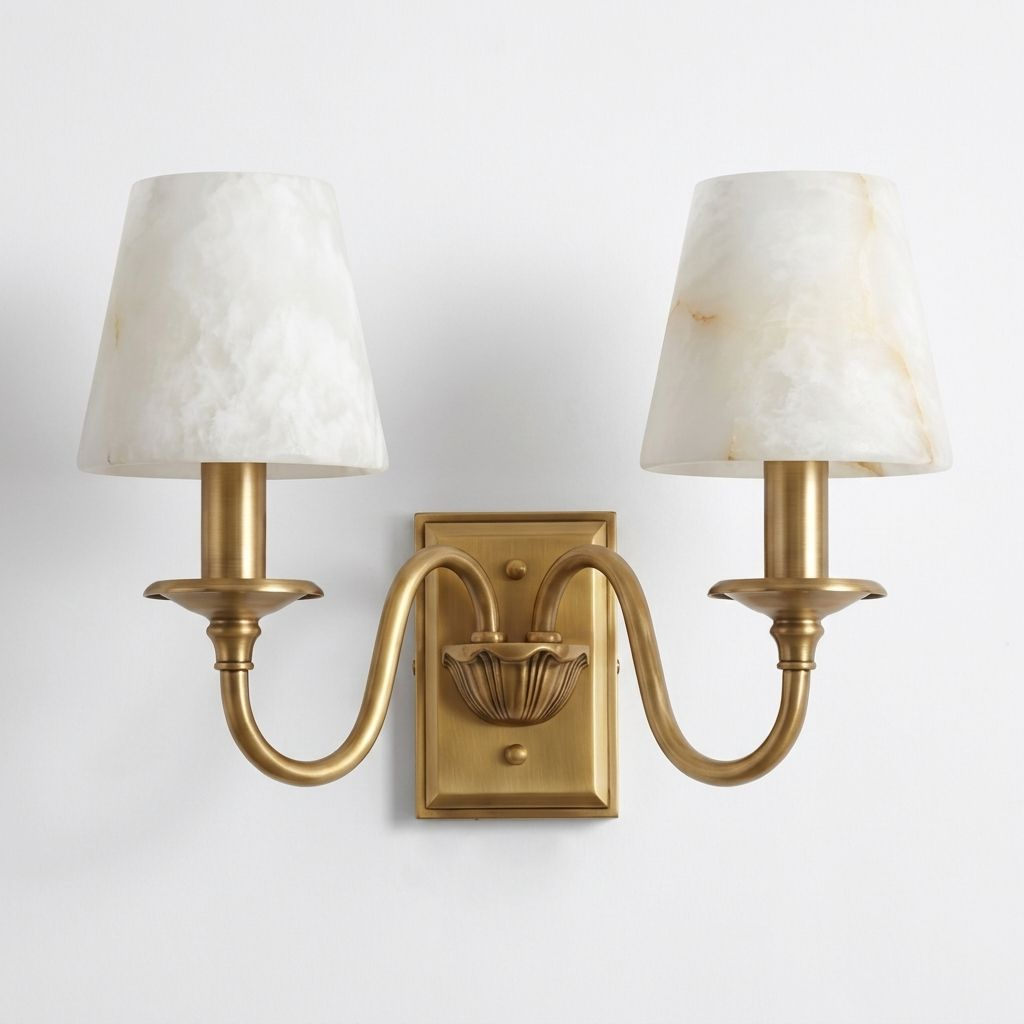 Tavira Wall Sconces, Alabaster Double Arm Sconce Wall Light, Swan Arm, Brass, Nickel or Black