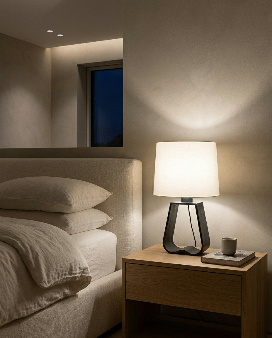 Soren Modern Table Lamp, Bedside Lamp for Bedroom, White Drum Shade, Black Metal Base