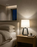 Soren Modern Table Lamp, Bedside Lamp for Bedroom, White Drum Shade, Black Metal Base
