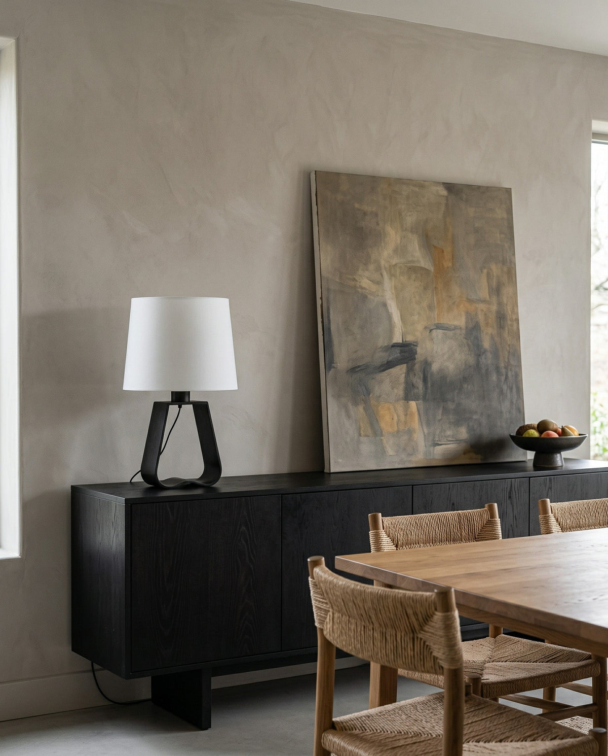 Soren Modern Table Lamp, Bedside Lamp for Bedroom, White Drum Shade, Black Metal Base