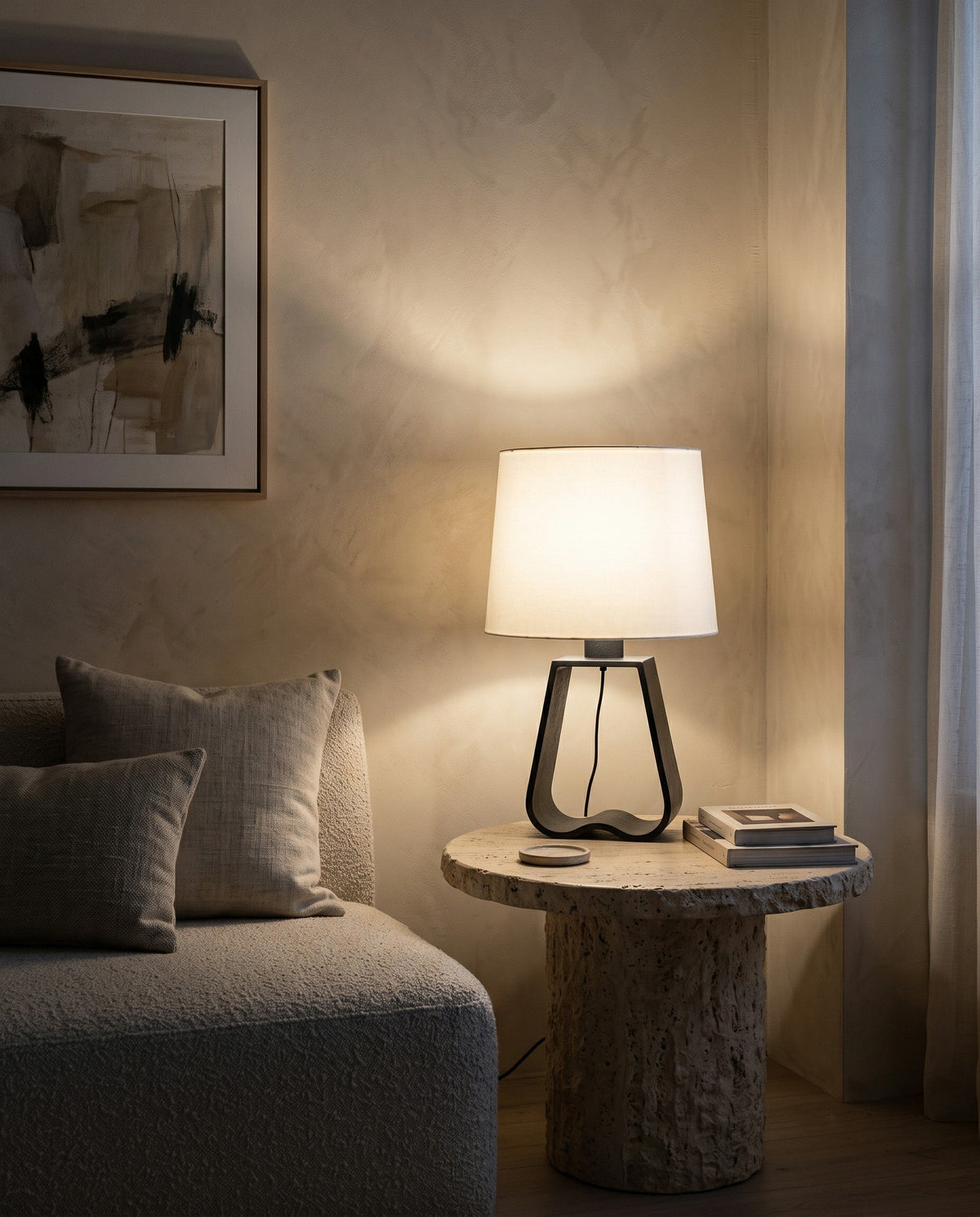 Soren Modern Table Lamp, Bedside Lamp for Bedroom, White Drum Shade, Black Metal Base