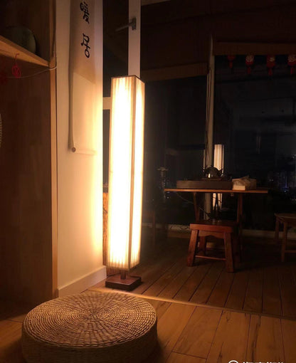 Bailey Wabi-Sabi Wood Floor Lamp, Walnut & Beige Fabric Shade, Integrated LED