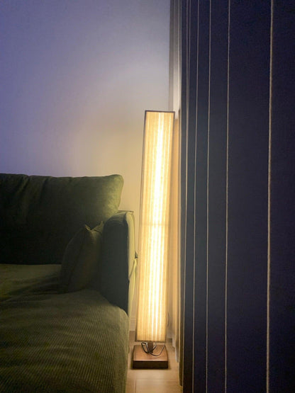Bailey Wabi-Sabi Wood Floor Lamp, Walnut & Beige Fabric Shade, Integrated LED