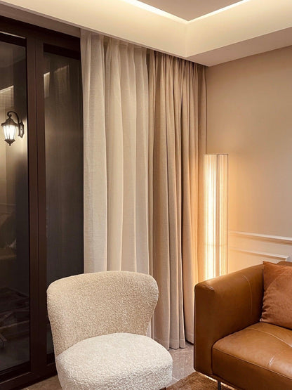 Bailey Wabi-Sabi Wood Floor Lamp, Walnut & Beige Fabric Shade, Integrated LED