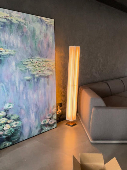 Bailey Wabi-Sabi Wood Floor Lamp, Walnut & Beige Fabric Shade, Integrated LED