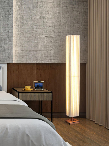 Bailey Wabi-Sabi Wood Floor Lamp, Walnut & Beige Fabric Shade, Integrated LED