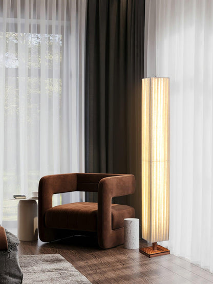 Bailey Wabi-Sabi Wood Floor Lamp, Walnut & Beige Fabric Shade, Integrated LED